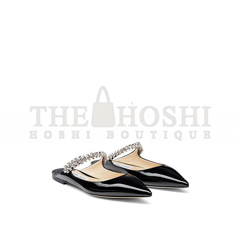 J1m*y Ch00 BLACK PATENT LEATHER MULES WITH CRYSTAL STRAP BINGFLATPAT010003 Master Quality